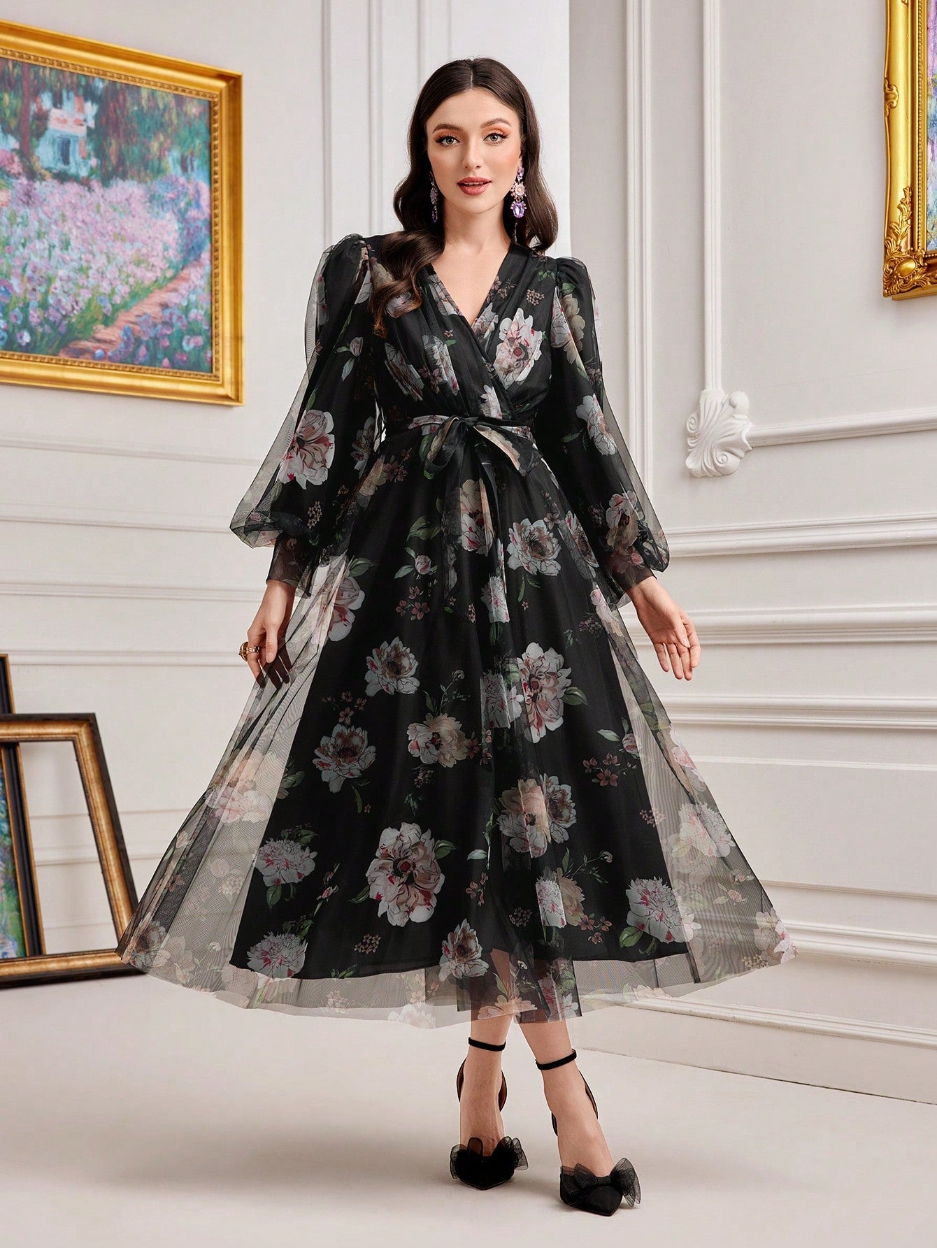 Floral Print Lantern Sleeve Belted Mesh Overlay Dress