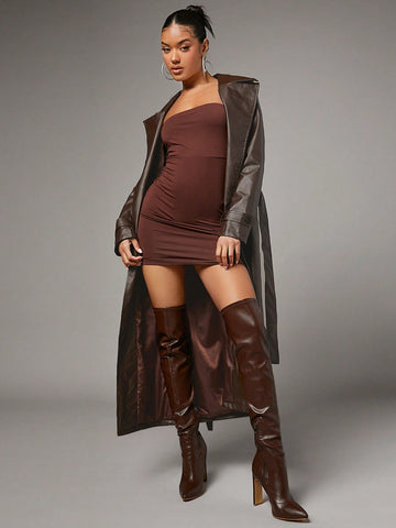 Solid PU Leather Belted Trench Coat