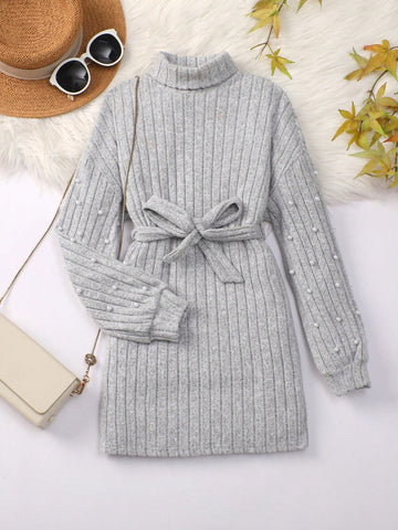 Tween Girl Turtleneck Drop Shoulder Belted Dress