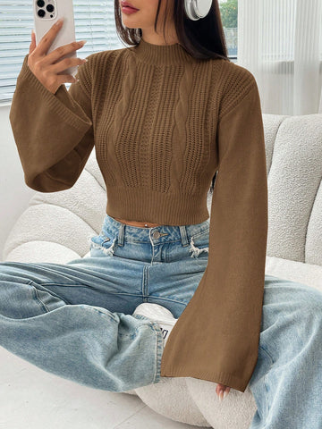 Mock Neck Trumpet Sleeve Crop Sweater