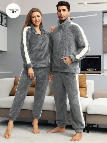 Men 1pc Contrast Side Seam Raglan Sleeve Kangaroo Pocket Flannel Pullover & Pants PJ Set / Pajama Set