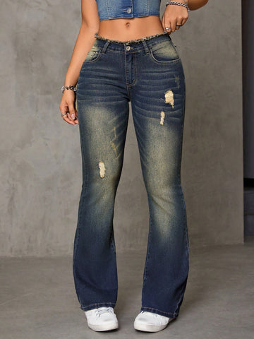 Raw Edge Ripped Flare Leg Jeans