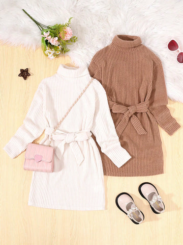 Tween Girl 2pcs Turtleneck Belted Dress