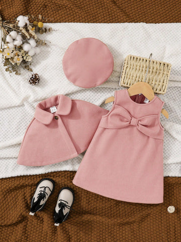 Baby Girl Bow Front Dress & Cape Coat & Hat