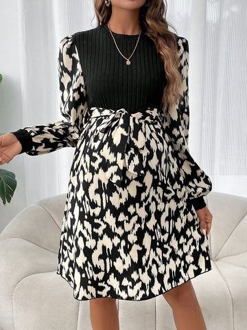 Maternity Graphic Print Lantern Sleeve Belted Dress