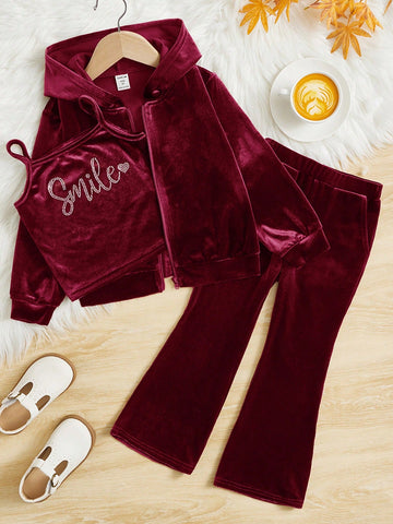 Young Girl Rhinestone Letter Velvet Cami Top & Hooded Jacket & Flare Leg Pants