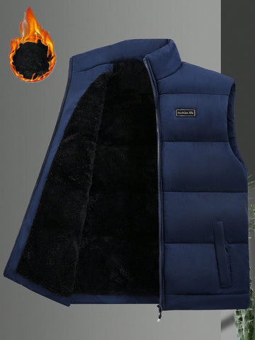 Men's Loose-Fitting Puffer Coat With Letter Patch Detail, Thermal Lined And Zippered Vest