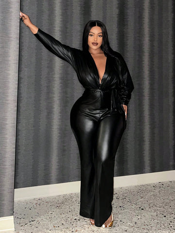 Plus Size Music Concert & Party & Elegance Themed Deep V-Neckline Jumpsuit In Slim Fit-Cut And Pure Black Color, With Belt & Flared Hem, Made Of PU Coated Fabric For Women, Autumn & Winter