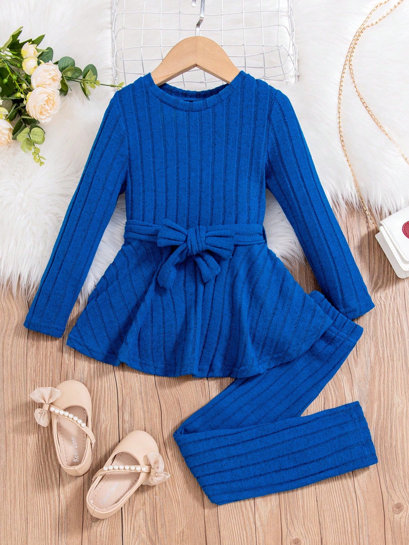 Young Girl Fashionable Ribbed Long Sleeve Top With Flared Hem & Leggings Set For Spring/Autumn