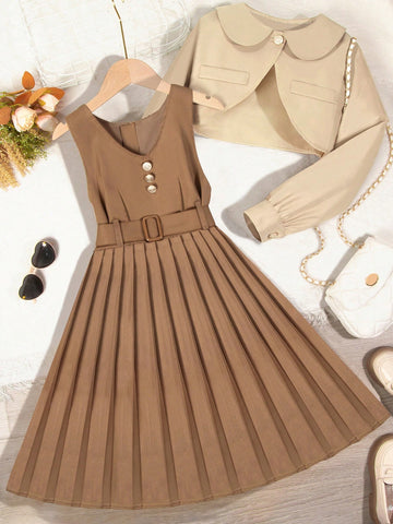 Teen Girl Casual And Elegant Waisted Pleated Dress Set With Crop Jacket