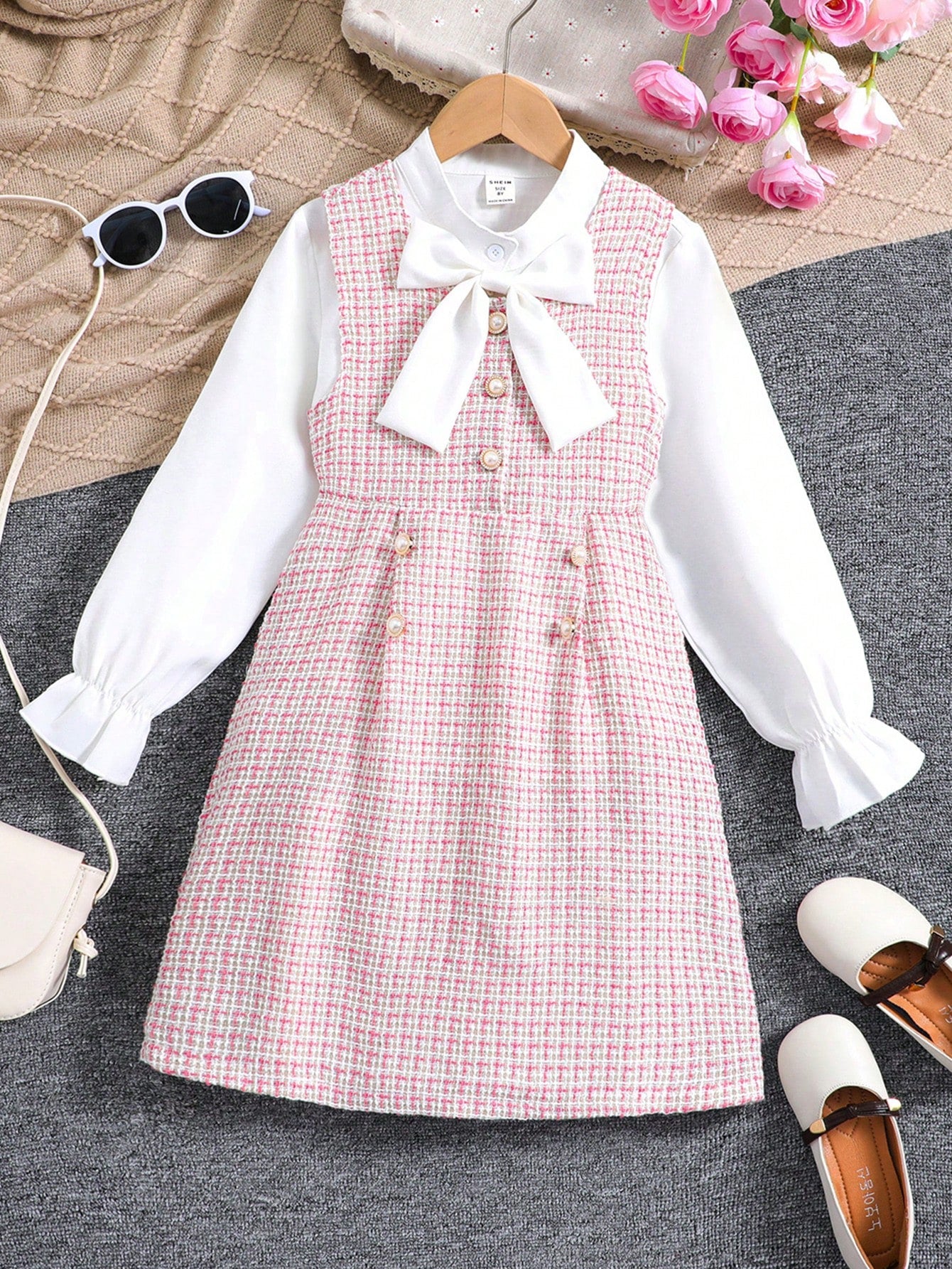 Tween Girl Plaid Button Detail Tweed Dress & Bow Front Flare Sleeve Shirt