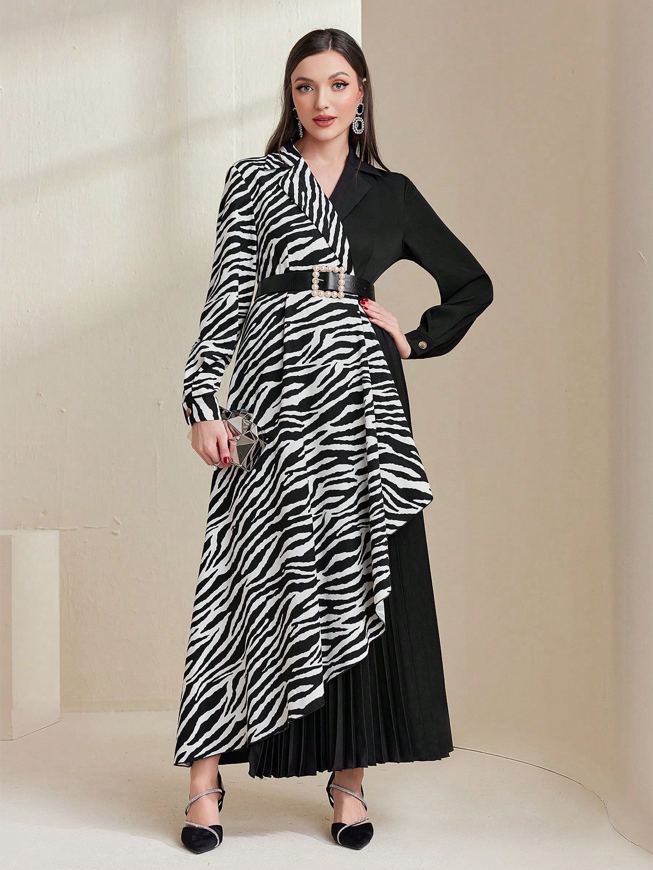 Zebra Pattern Colorblock Pleated Long Dress