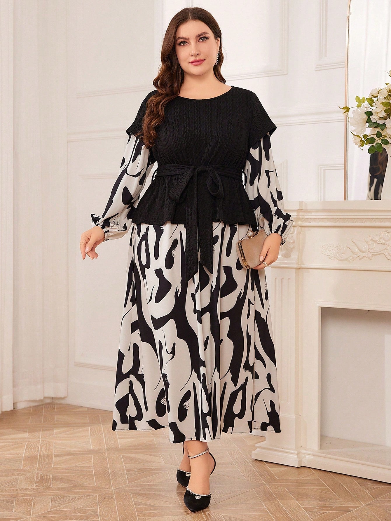 Plus Size Random Print Lantern Sleeve Belted Dress