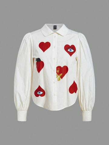 Women's Red Heart & Eye Print Lantern Sleeve White Shirt