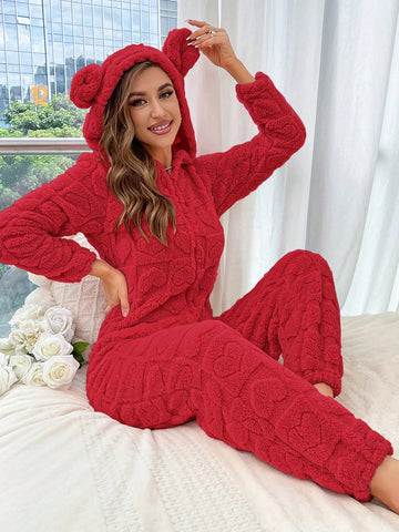 Women's Plush 3d Ear Detail Hooded Jumpsuit For Home Wear