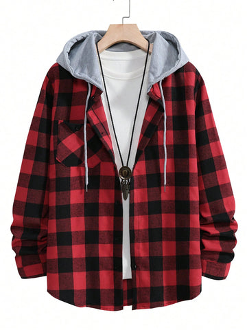 Men 1pc Buffalo Plaid Print Drawstring Hooded Shirt