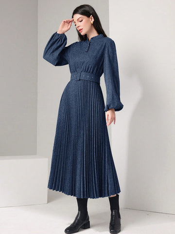 Ladies' Button Up Lantern Sleeve Pleated Dress