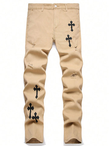 Men's Cross Print Slim Fit Jeans