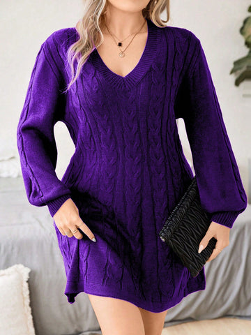 Plus-Size Cable Knit V-Neck Lantern Sleeve Sweater Dress