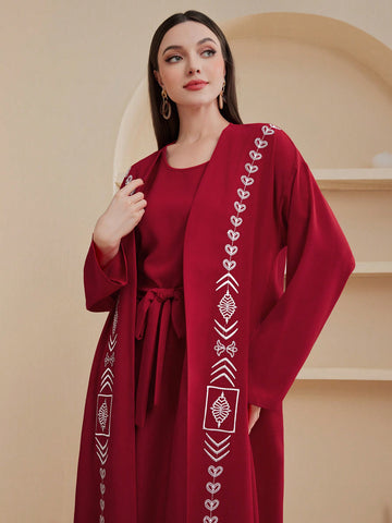 Women's Solid Color Dress And Embroidery Patchwork Coat Set, Modest Full Length Kaftan Set