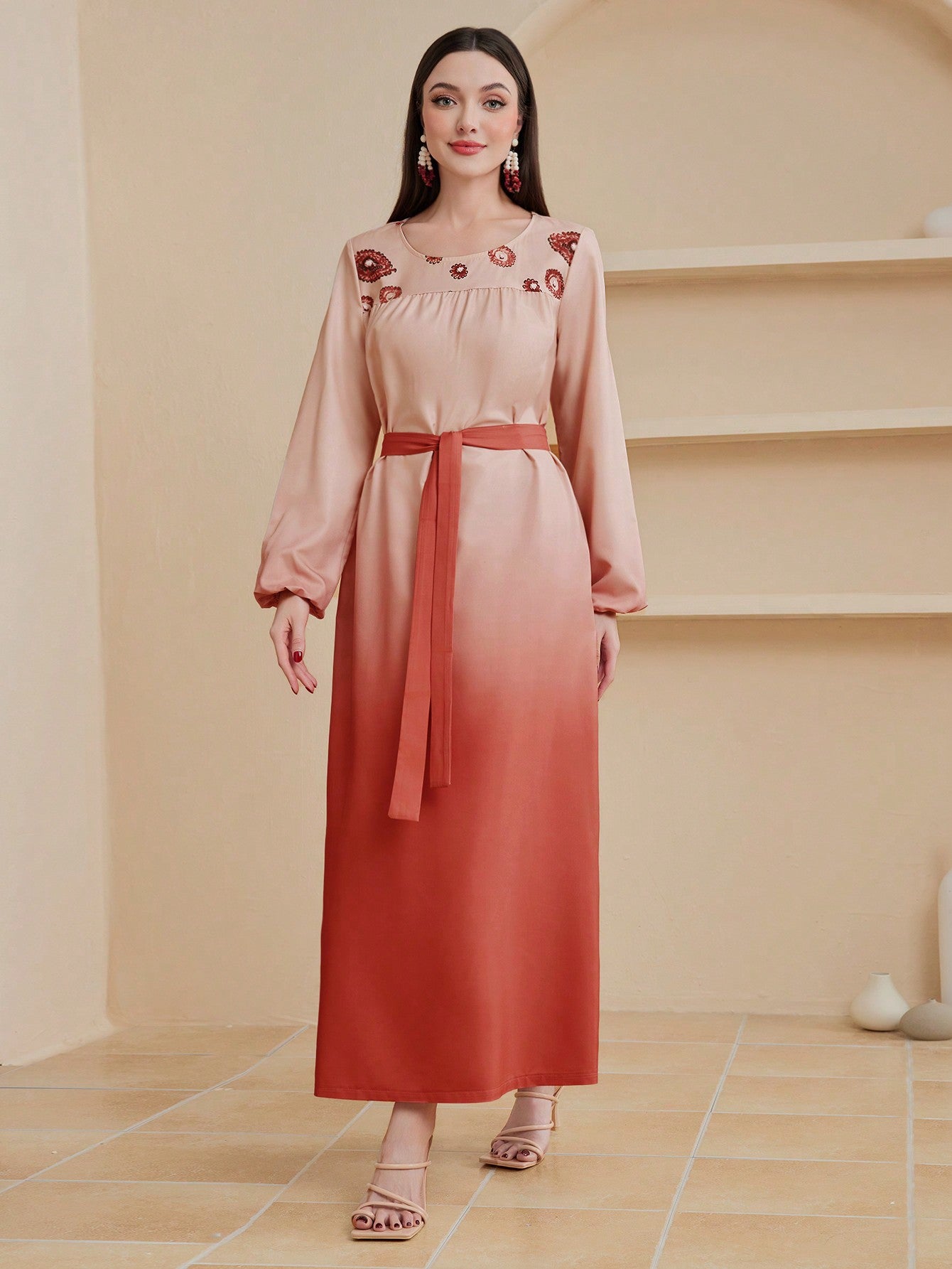 Lantern Sleeve Belted Ombre Dress