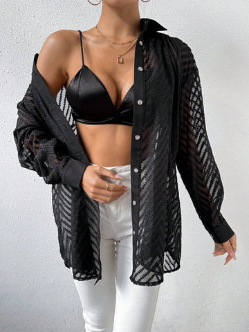 Mesh Sheer Button Front Shirt