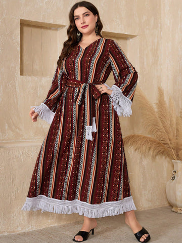 Plus Size Full Print Fringe Decor Long Sleeve Dress