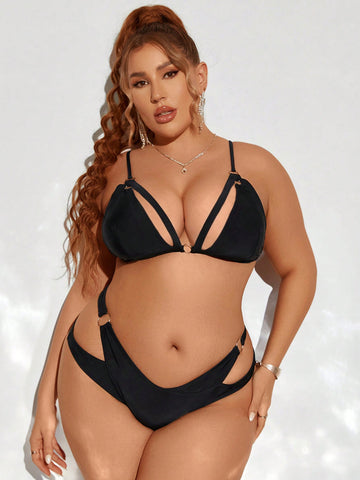 Summer Beach Plus Size Bikini Set With Circular Ring Decorated And Hollow Out Detailing