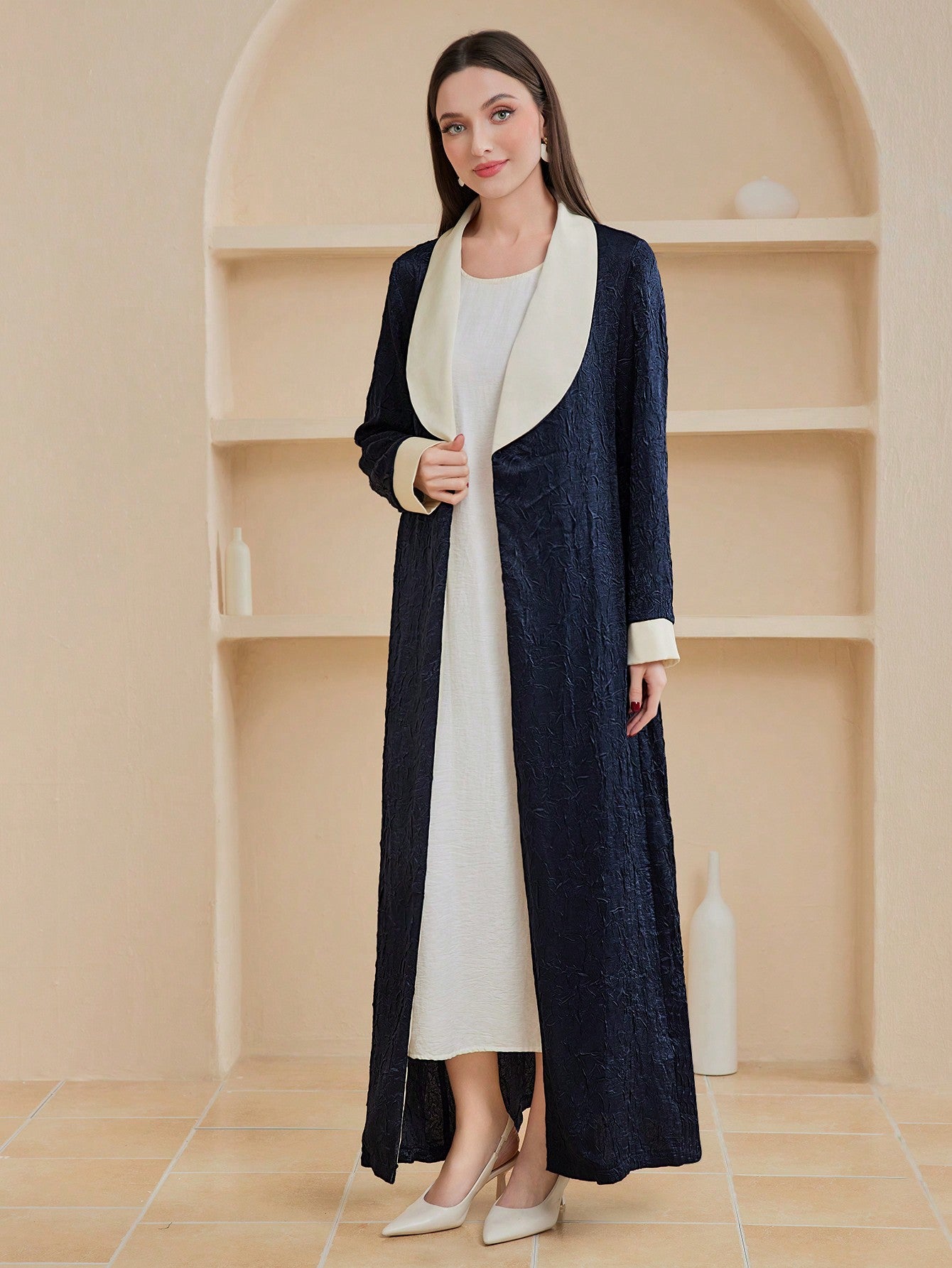 Women's Color Block Shawl Collar Modest Full Length Robe Abaya