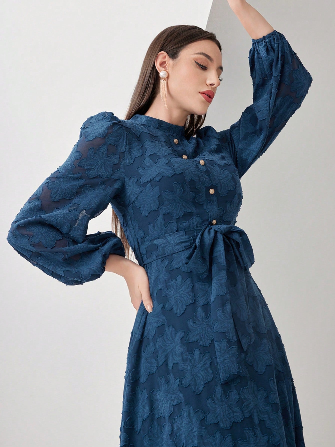 Button Decorated Lantern Sleeve Belted Jacquard Dress