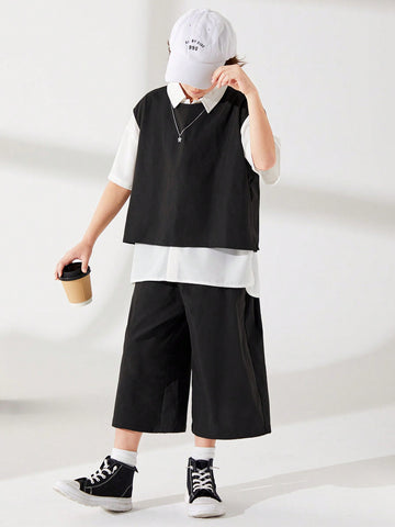 3pcs/Set Teen Boy Casual Korean Style Round Neck Sweater Vest, Seven-Quarter Solid Color Pants, And Woven Short Sleeve Shirt Set