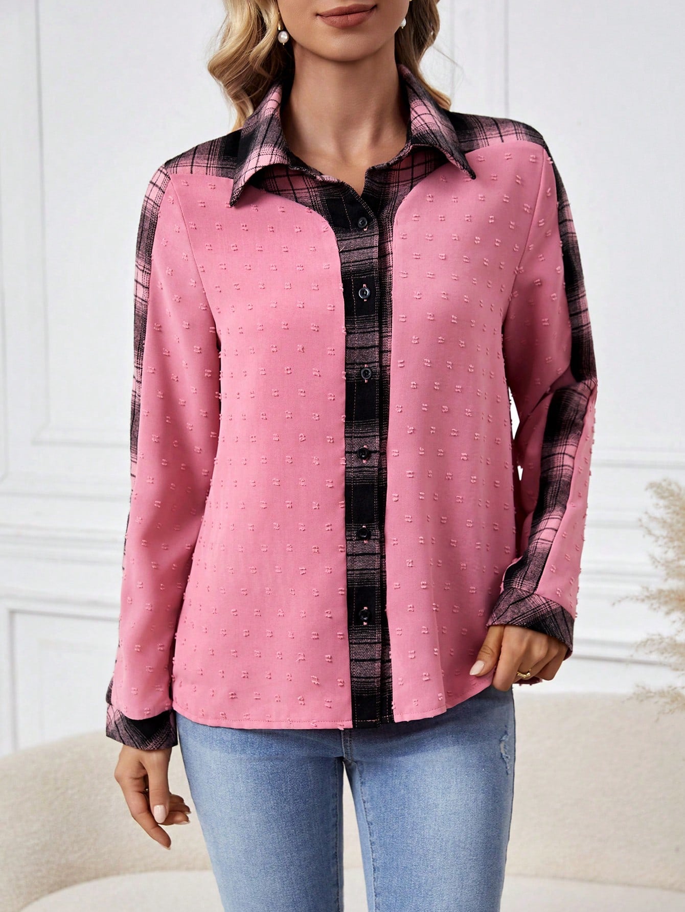 Plaid Panel Long Sleeve Shirt