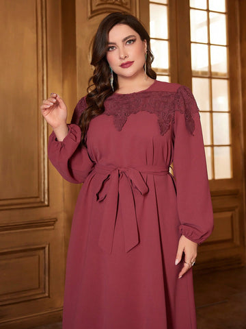 Plus Size Embroidered Lantern Sleeve Belted Dress