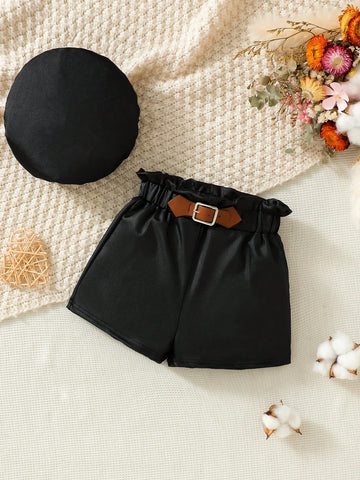 Baby Girl Faux Leather Craft Matching With Leather Buckle Strap Shorts And Cap