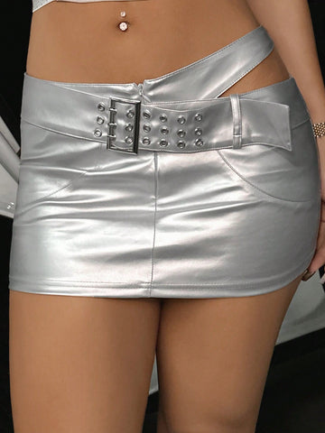 Slim-Fitting Belt-Embellished Hip-Hugging Skirt With Hollowed-Out Metal Pu On The Sides