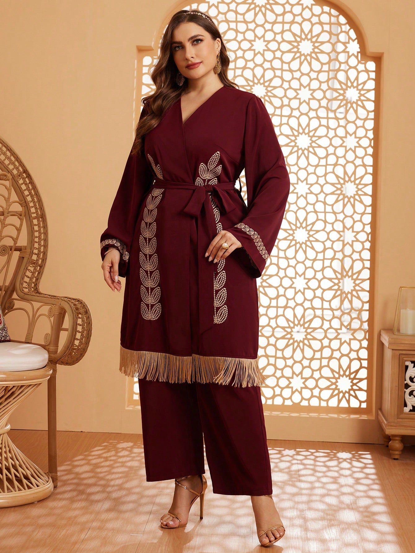 Plus Size Fringed Hem Belted Coat With Bell Sleeves And Pants Set