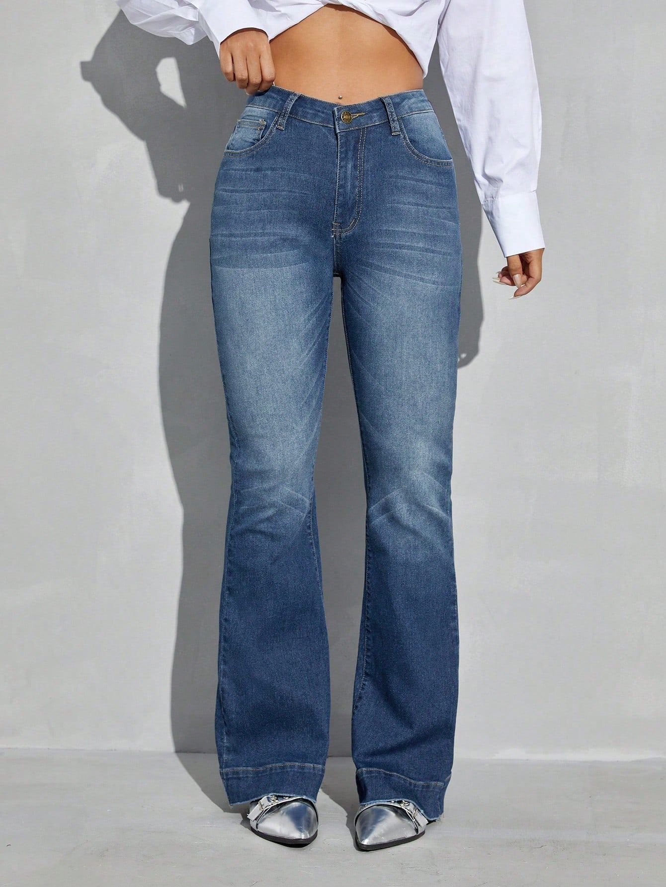 High Waist Bleach Wash Flare Leg Jeans