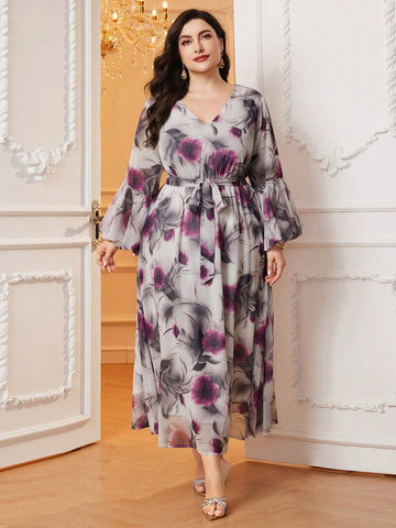 Plus Size Women'S Flower Printed Belted Dress