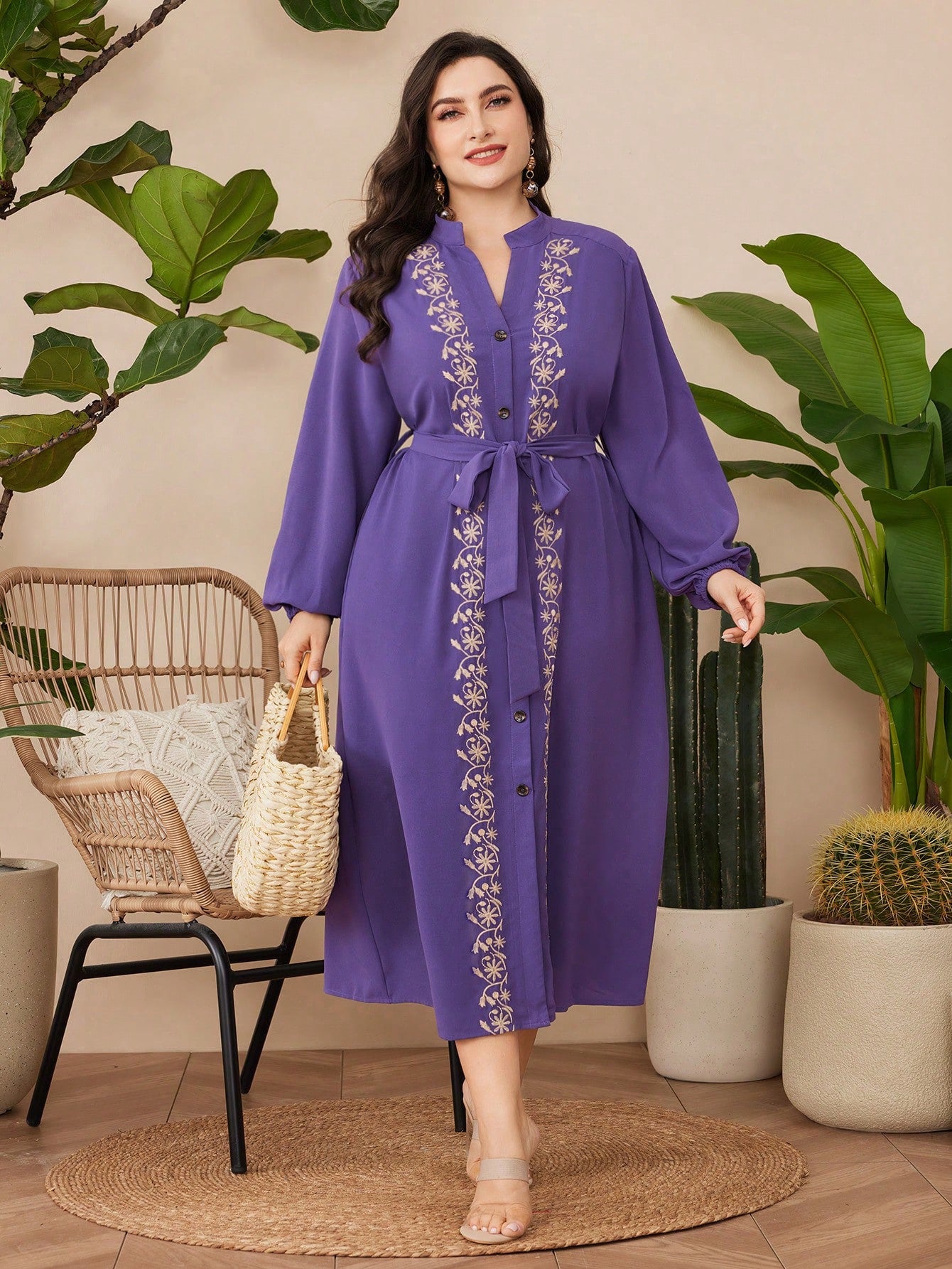 Oversized Embroidered Detail Lantern Sleeve Belted Dress