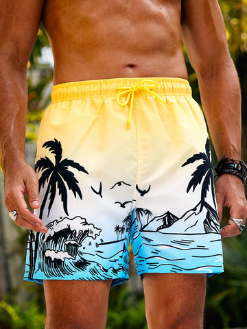 Men'S Seaside Print Drawstring Board Shorts