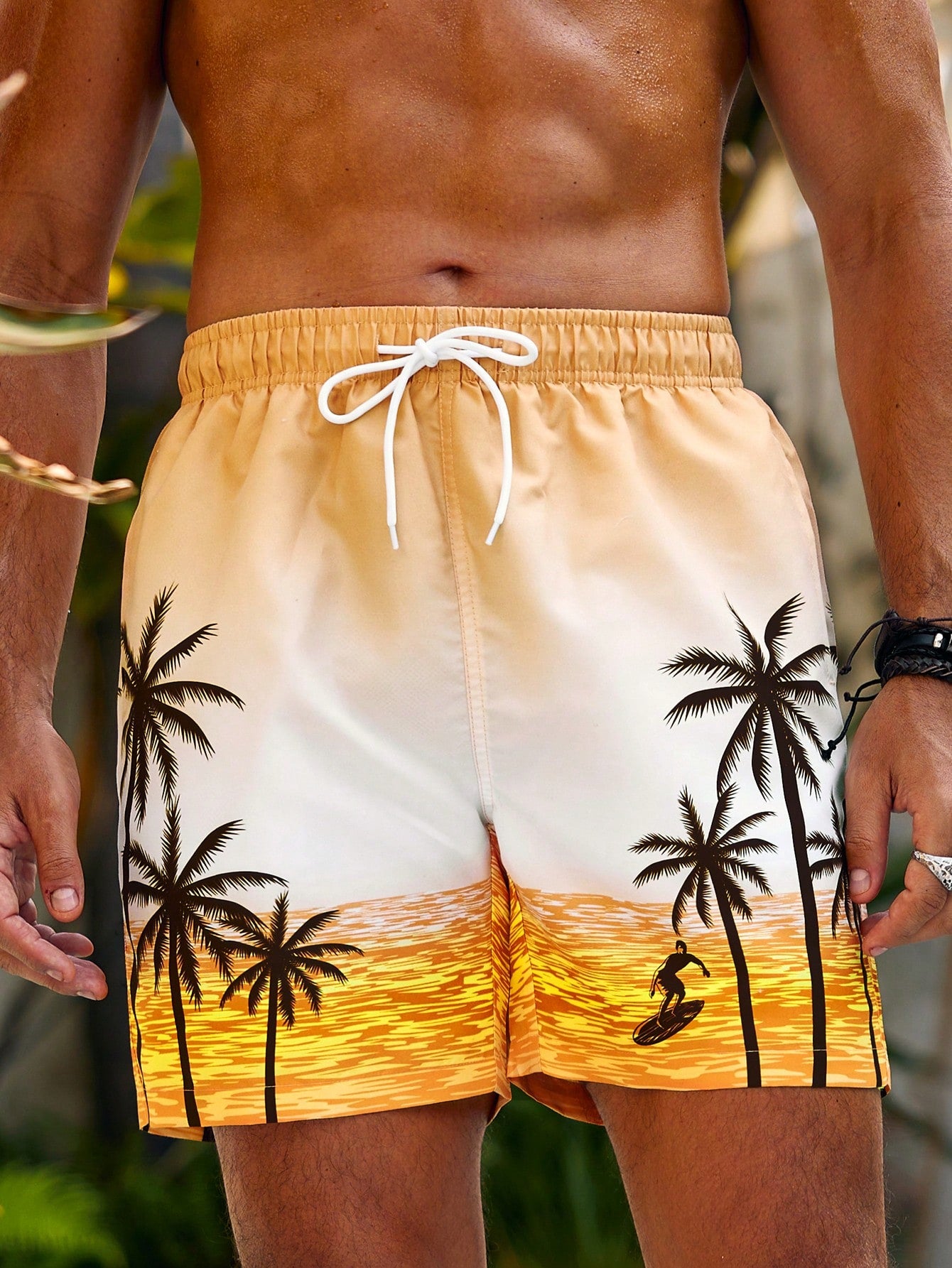 Men'S Coconut Tree Print Drawstring Beach Shorts