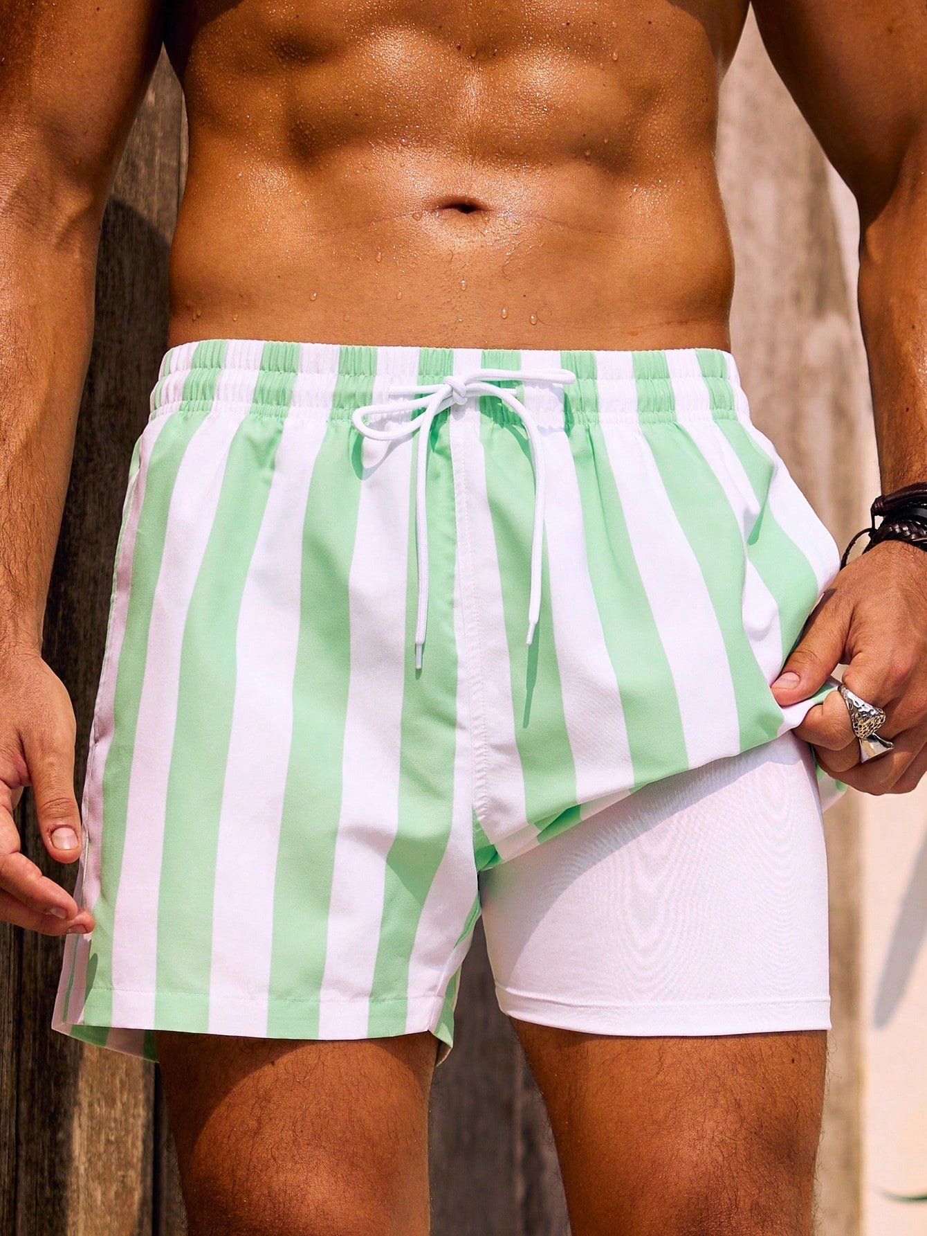 Men's Vertical Striped Drawstring Beach Shorts