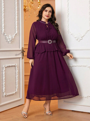 Plus Size Tie Neck Lantern Sleeve Dress