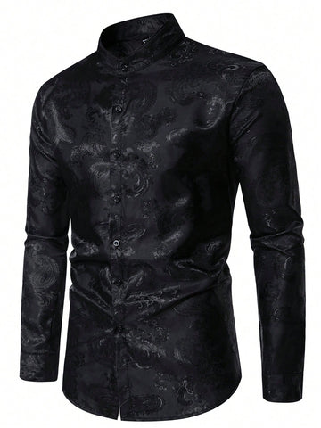 Men's Loose Fit Jacquard Stand Collar Long Sleeve Shirt