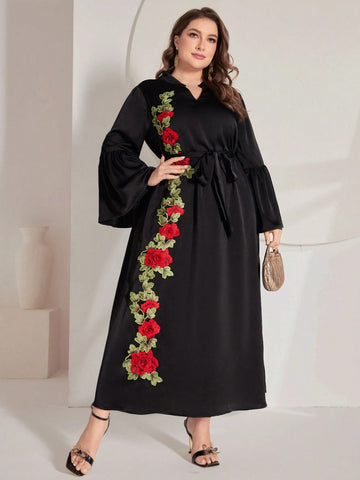 Plus Size Women'S Floral Print Bell Sleeve Arabian Dress