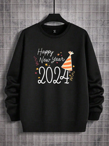 Loose Men's Long Sleeve Sweatshirt With Slogan Print