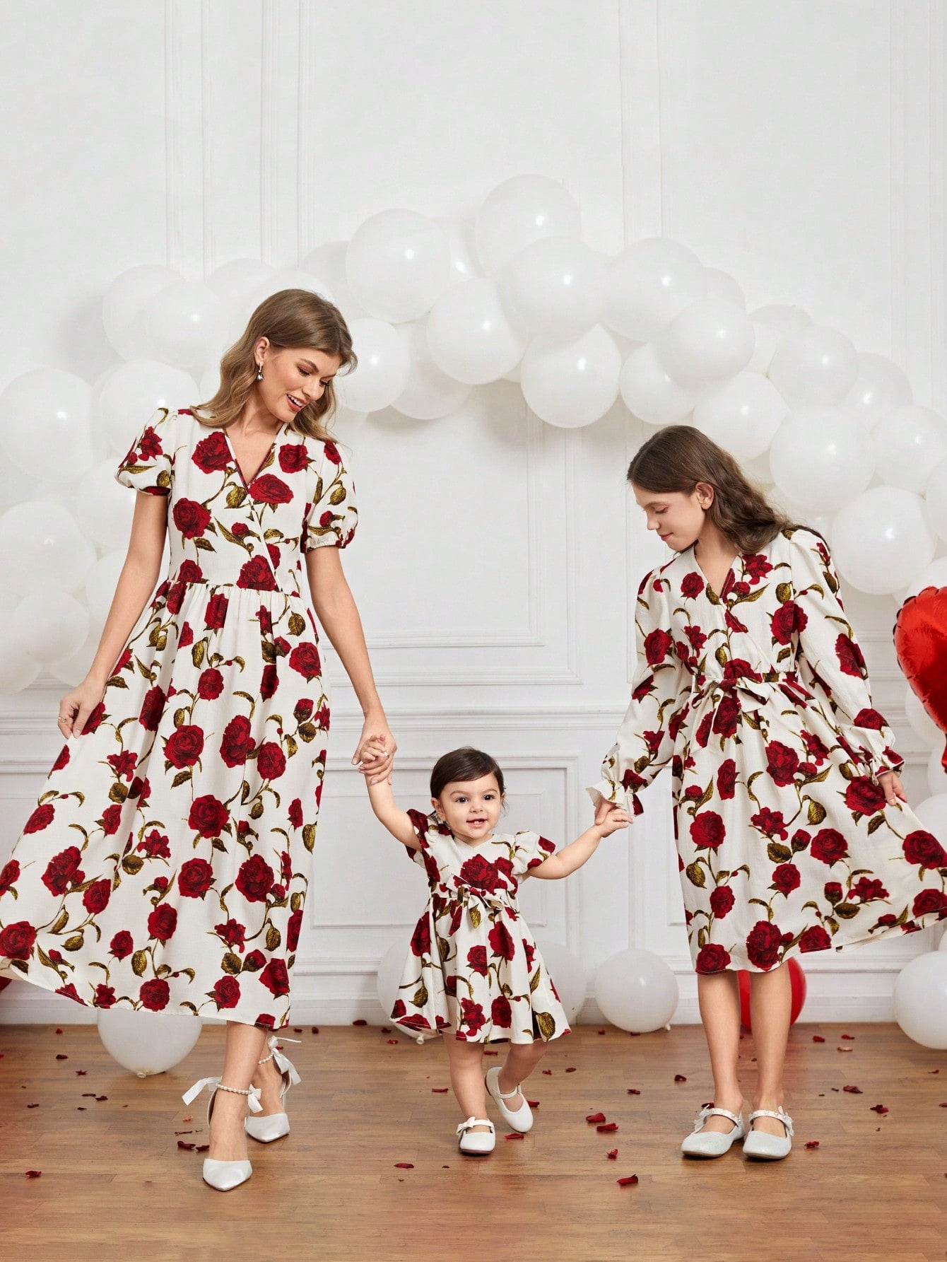 Tween Girl V-Neck Detachable Belt Floral Print Dress Mommy And Me Matching Outfits (3 Pieces Sold Separately)