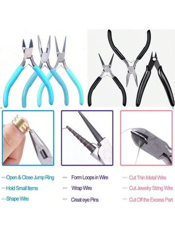 1-3 Pieces DIY Jewelry Pliers Set, Including Needle-Nose Pliers, Round-Nose Pliers, Diagonal Pliers, Wire Cutters, Jewelry Cords, Blue Pliers Set Of Three, Pink Pliers Set Of Three, Nylon Pliers, 6-Segment Coiling Pliers, Groove Coiling Pliers, 9-Shaped O