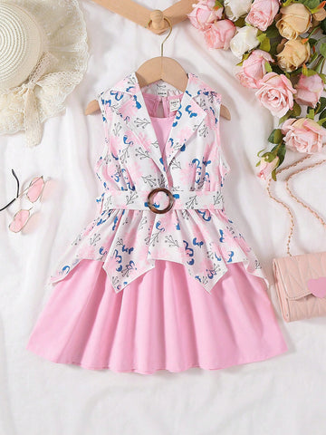 Young Girl Toddler Girls' Floral Print Belted Vest Jacket And Sleeveless Dress With Two Piece Set