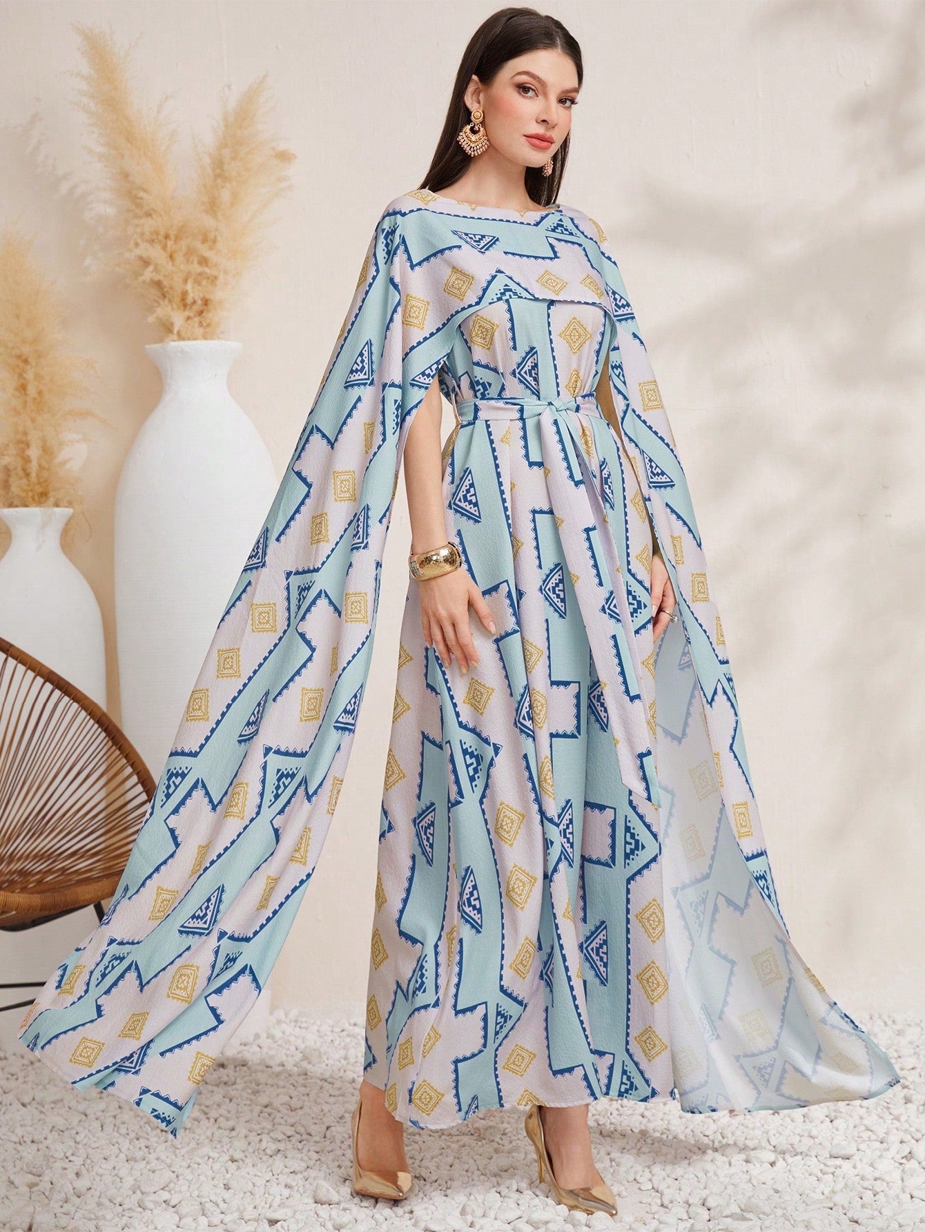 Women's Geometric Pattern Cape Sleeve Turkish Long Shirt